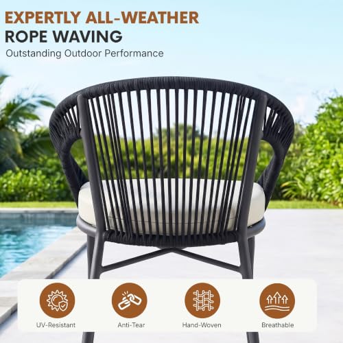 Image of DEVOKO Bliss 3 Piece Outdoor Patio Rope Conversation Set with Glass Top Table (Black /Off-White), Powder-Coated Metal Frame & Water-Resistant Cushions for Balcony, Garden, Terrace