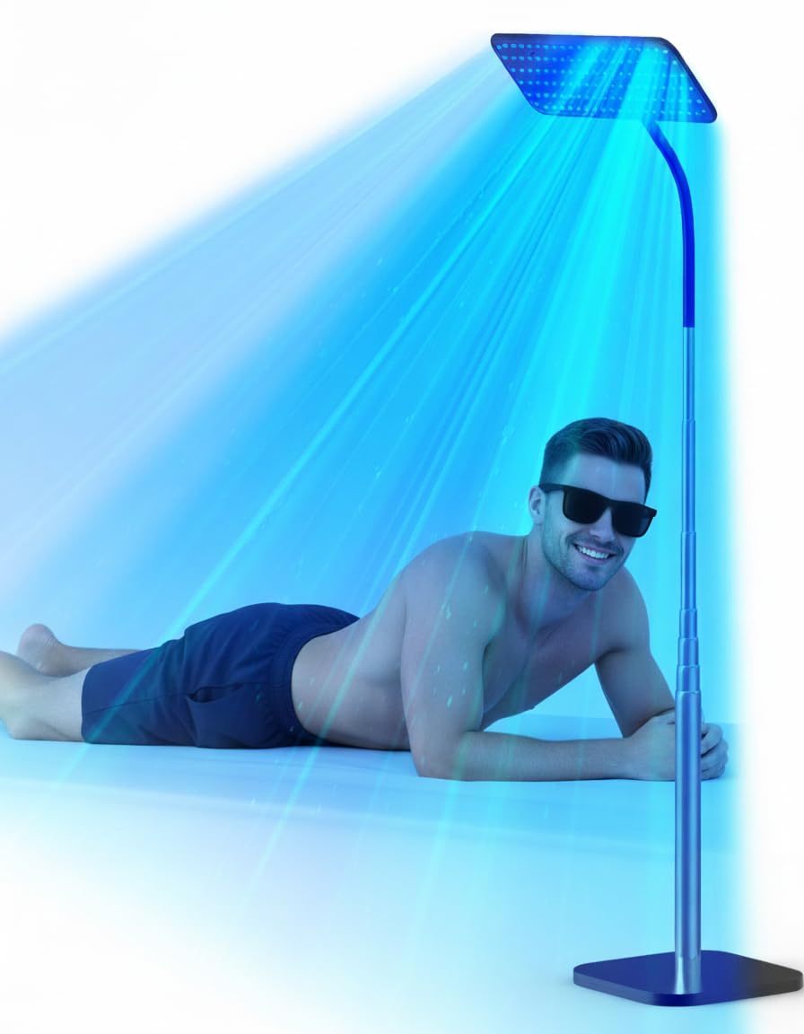 50W Solarium Für Zuhause mit 225 Lichttherapie-Perlen (460nm & 490nm), verstellbarem Metallständer & Timer für professionelle Bräunung zu Hause,Kostenloses Bräunungsserum 30ml*2