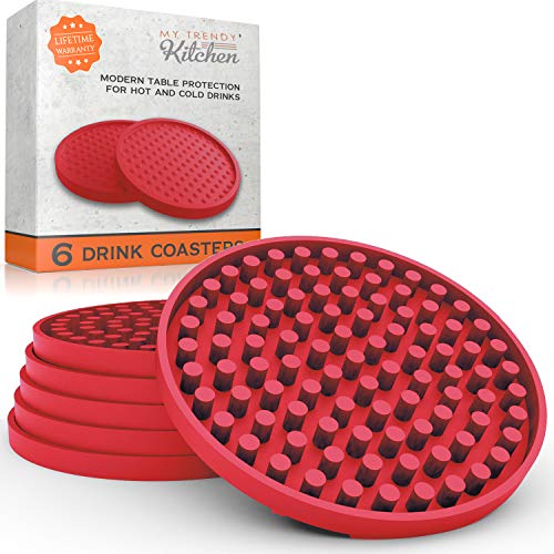 Large Drink Coasters - Absorbs Moisture and Prevents Table Damage, Modern Red Rubber Coaster with Non-Slip Bottom for Drinking Glasses, 6 Pack