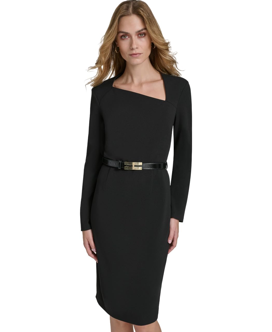 H HALSTON Womens Long Sleeve Asymmetrical Neck Knee Length Dress