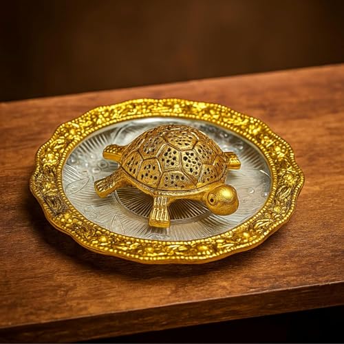 Image of Metal Tortoise Figurine with Brass Finish and Decorative Plate - Feng Shui Tortoise for Good Luck, Prosperity, and Longevity, Antique Home Decor, Perfect for Office and Living Room, 13.6 cm