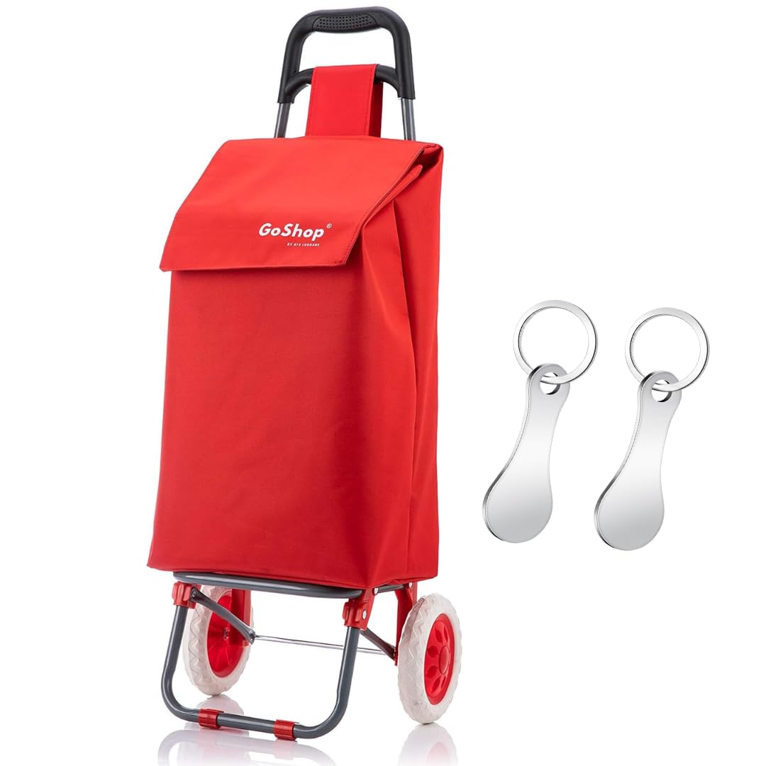Premium 59Ltr Foldable Shopping Trolley with 2Pcs Stainless Steel Trolley Token, Hard Wearing & Lightweight Trendy Collapsible Push/Pull Cart for Easy Storage with 1 Year Guarantee (Plain Red)