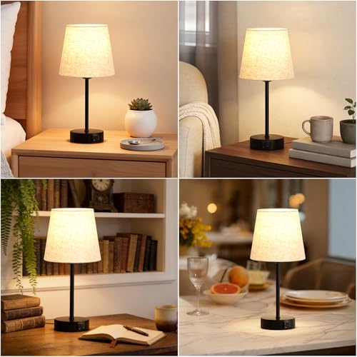 PreeOtti Nachttischlampe Touch Dimmbar 2er Set, Tischlampe mit Ladefunktion USB A+C-Anschlüssen 2 LED Birnen, Leinen-Lampenschirm, Kleine Lampe für Schlafzimmer Wohnzimmer Babyzimmer Büro