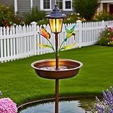 Mangiatoia solare per uccelli e vasca da bagno con sensore automatico di luce, robusta stazione esterna in metallo, doppia funzione per nutrire e fare il bagno agli uccelli, migliora l