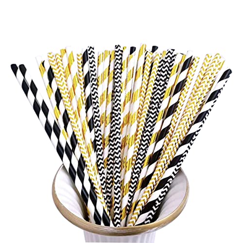 Lot de 100 Pailles en Papier à Rayures Vague Noir et Doré, Pailles à Boire Biodégradables et Recyclables pour Décoration Fête Anniversaires Mariages Bar Restaurant,Idéal pour Jus, Cocktails et Boisso Cover