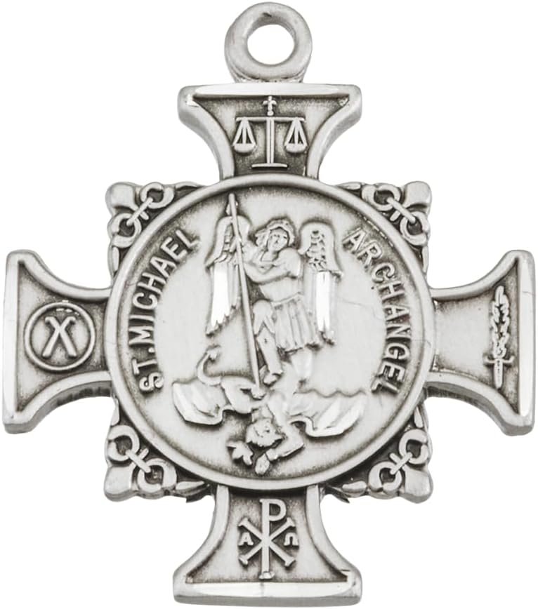 Women's .925 Sterling Silver Saint St. Michael Maltese Cross Pendant Necklace, Archangel Defeating Devil, 18 Inch Rhodium Plated Stainless Steel Chain, Catholic Medal - Made in USA- Deluxe Velvet Gift Box Included