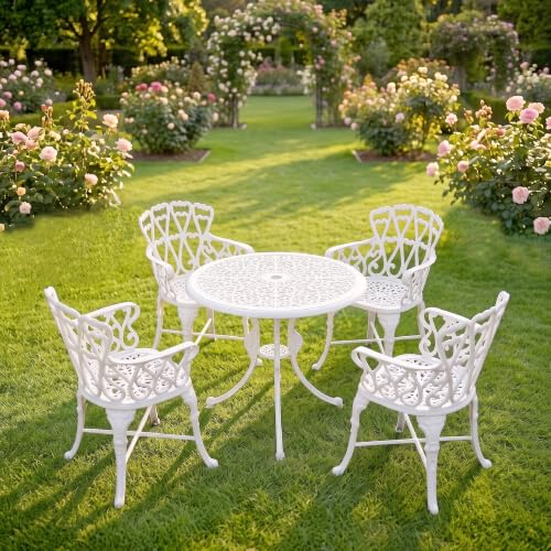Image of BRISHI Cast Aluminium Garden Patio Seating Chair and Table Set for Balcony Outdoor Furniture with 1 Table and 4 Chair Set (White)