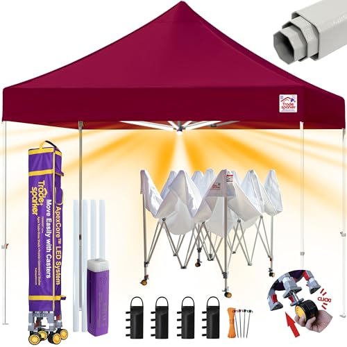 Image of Tradesparker 10x10 Pop Up Canopy Tent,Commercial Movable Canopy with ApexCore LED&Rugged Casters-Instant Easy Setup Shelter Canopies with Weight Bags&Stakes for Outdoor Events Markets,Burgundy