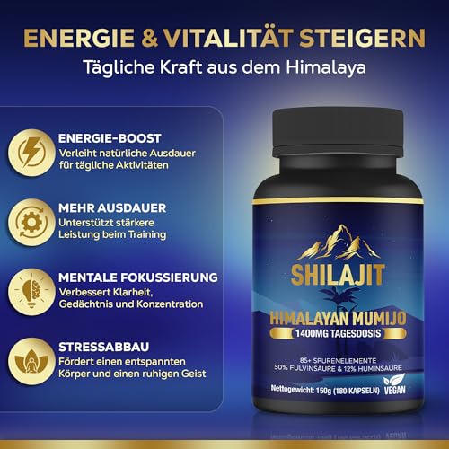 Shilajit Mumijo Kapseln – Himalaya Shilajit Extrakt – 180 vegane Kapseln – mit Fulvinsäure, Huminsäure, Mineralien & Spurenelementen