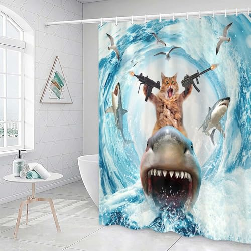 Image of Cat Shower Curtains for Bathroom, Funny Brown Cat Riding Shark Blue Ocean Theme Shower Curtain Set for Men Boys, Cute Cute Cool Blue Bath Curtain Sets with Hooks for Kids Room Decor