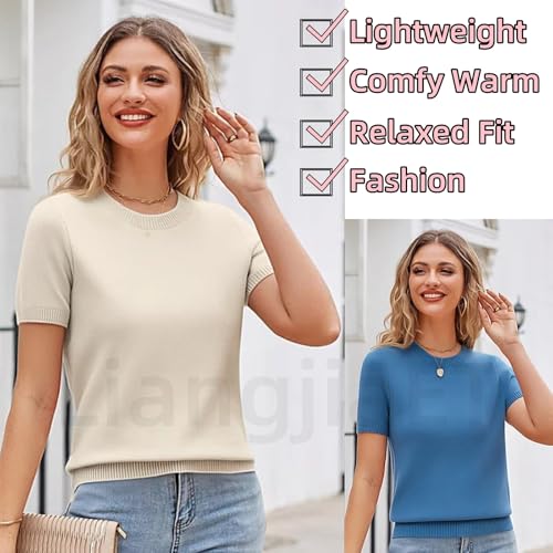 Short Sleeve Sweater Tops for Women Cute Lightweight Crew Neck T Shirts Relaxed Fit Casual Fall Winter Sweatshirts2