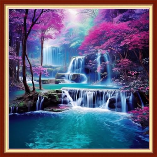 Image of DMCVIVR Stamped Cross Stitch Kits for Beginners Adults Needlepoint Kits for Beginners Embroidery Kits for Adults Crossstitch Kit for Beginners 11CT-Waterfall Scenery 18x18 inchs