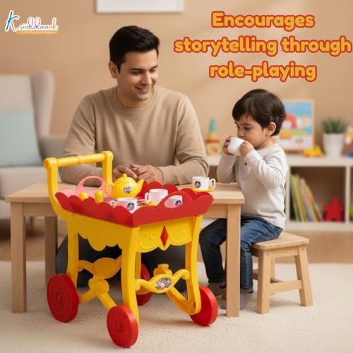 Image of Mickey Tea Trolley - 32 Pcs Disney Character Pretend Play Tea Set for Kids with Lights, Sounds, Electronic Kettle & Saucers, Fun Educational Kitchen Toy for Boys & Girls Age 3+, Red