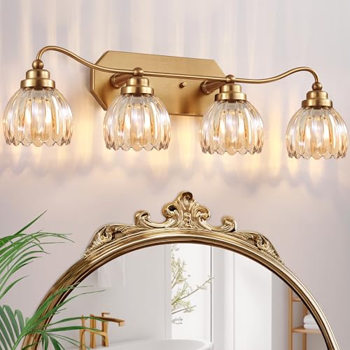 Image of Vintage Bathroom Light Fixtures, 4 Light Gold Bathroom Vanity Light, Matte Antique Brass Finish with Amber Crystal Glass Shade, Wall Sconces Lighting for Bedroom, Living Room(Amber-colored Glass)