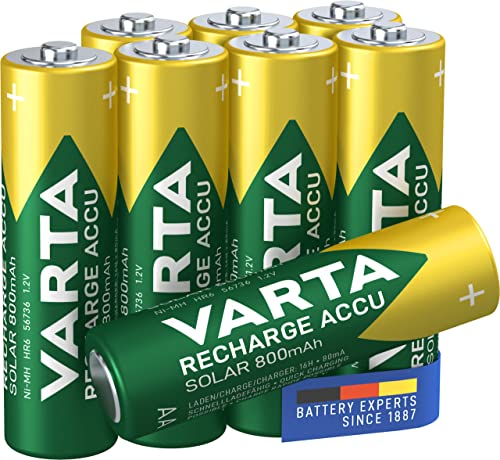 VARTA Batterien AA, wiederaufladbar, 8 Stück, Recharge Accu Solar, Akku, 800 mAh Ni-MH, sofort einsatzbereit, für Solar-Gartenleuchten entwickelt