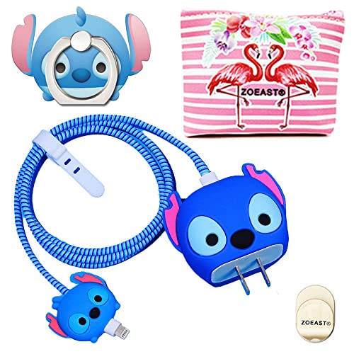 ZOSTLAND ZOEAST(TM) DIY Data Cable Protector Set 18W 20W USB Charger Saver Charger Earphone Line Wire Bite Spiral Cord Sleeve Organizor for Apple iPhone X 11 12 13 Pro Max etc. (Blue Stitch)