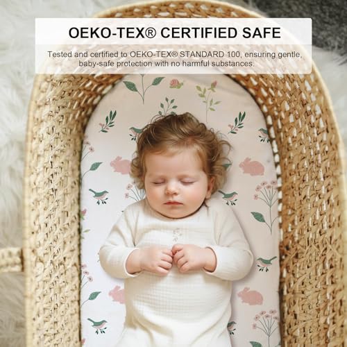 Image of Little Grape Land Bassinet Sheets for Baby Boys Girls 3 Pack, 33 inch x 18 inch Extra Soft Breathable Fitted Bassinet Sheets, Bedside Sheets Fit for Oval Rectangle and Hourglass Bassinet Mattress (Bunny)