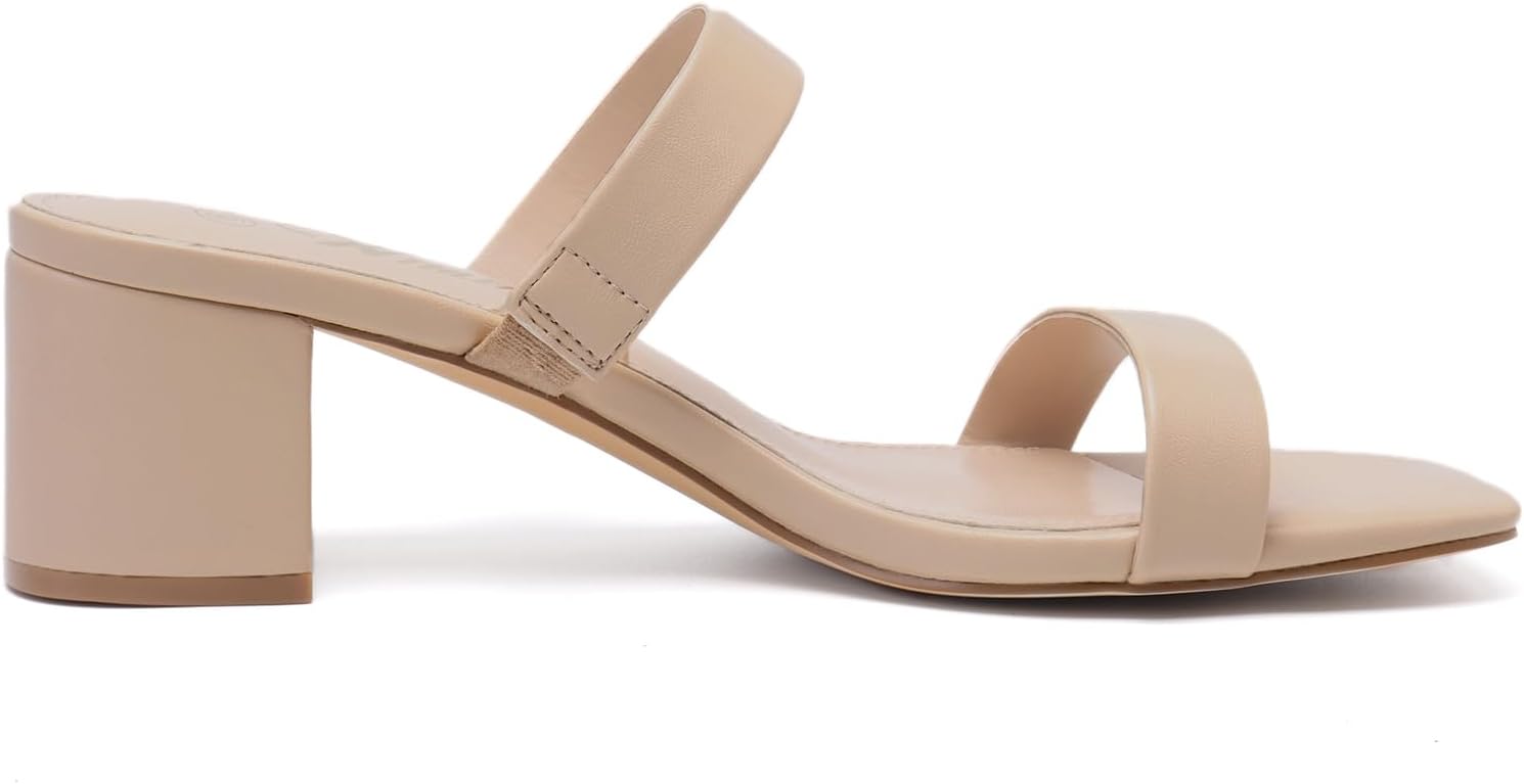 Athlefit Women's Two Strap Open Toe Heels Sandals Chunky Block Comfortable Slip On Low Heel Dress Shoes - Image 3