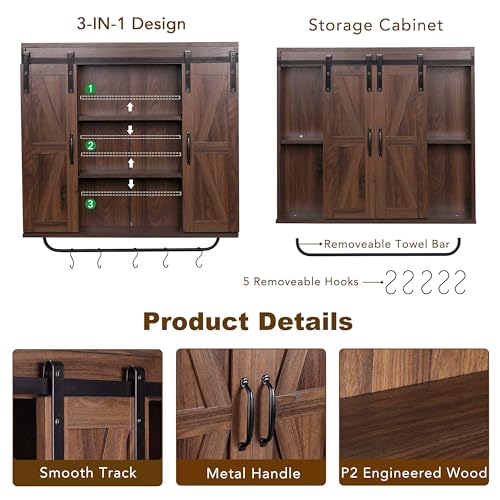 Image of RUSTOWN Farmhouse Bathroom Wall Cabinet with Sliding Barn Door & Towel Rack