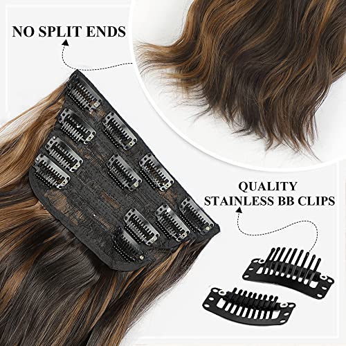 Lativ Clip In Long Wavy Hair Extensions 4Pcs Balayage Dark Brown To Chestnut Synthetic Hairpieces Long Curly Thick Hair Extension Full Head For Women 20 Inches #TOP1