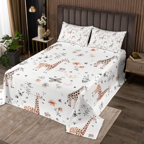 Homemissing Süß Giraffe Tagesdecke 240x260cm Butterfly Floral Wohndecke Cartoon Animal Doppelbett Gesteppt Bettüberwurf Steppdecke
