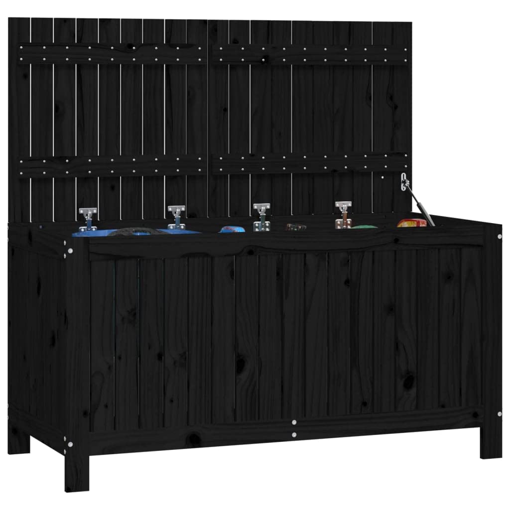 Gartentruhe aus Massivholz Kiefer 121x55x64 cm mit Gasdruckfeder Deckel und Belüftungslatten, Stauraum Box für Aufbewahrung, Outdoor Aufbewahrungsbox Schwarz