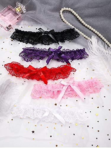 Boao 5 Pair Sexy Lace Garters with Cute Bowknot Halloween Cosplay Party Costume Ribbon Floral Belt Leg Ring for Thigh Decor4