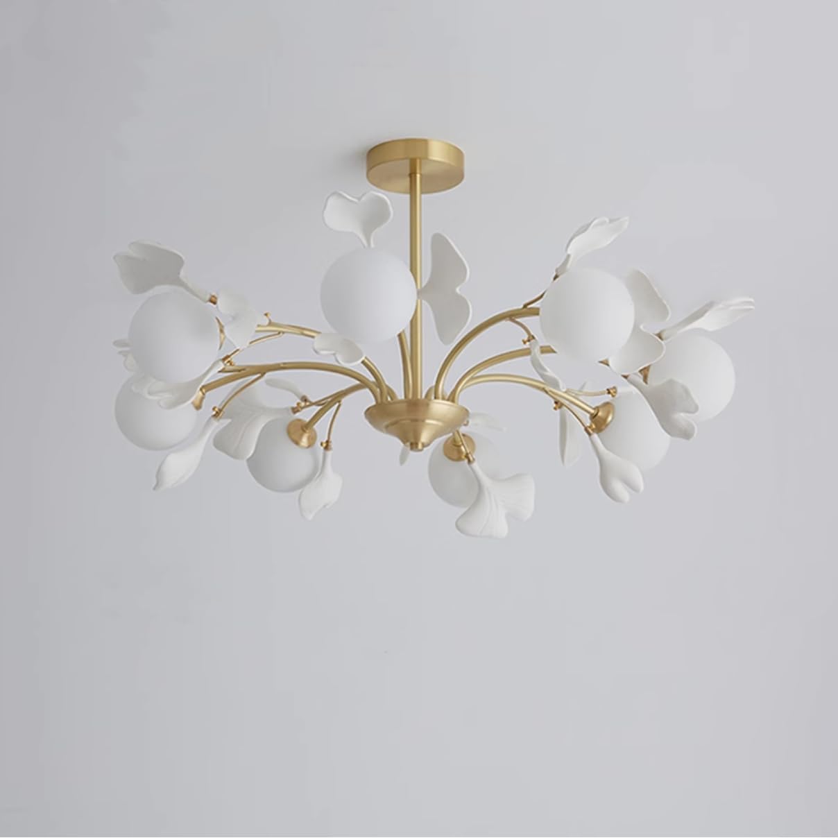 Modern Gold Chandeliers for Dining Room 8 Light Sputnik Semi Flush Mount Gingko Leaf Chandelier Tree Branch Ceiling Light Fixture with Milk Glass Globe
