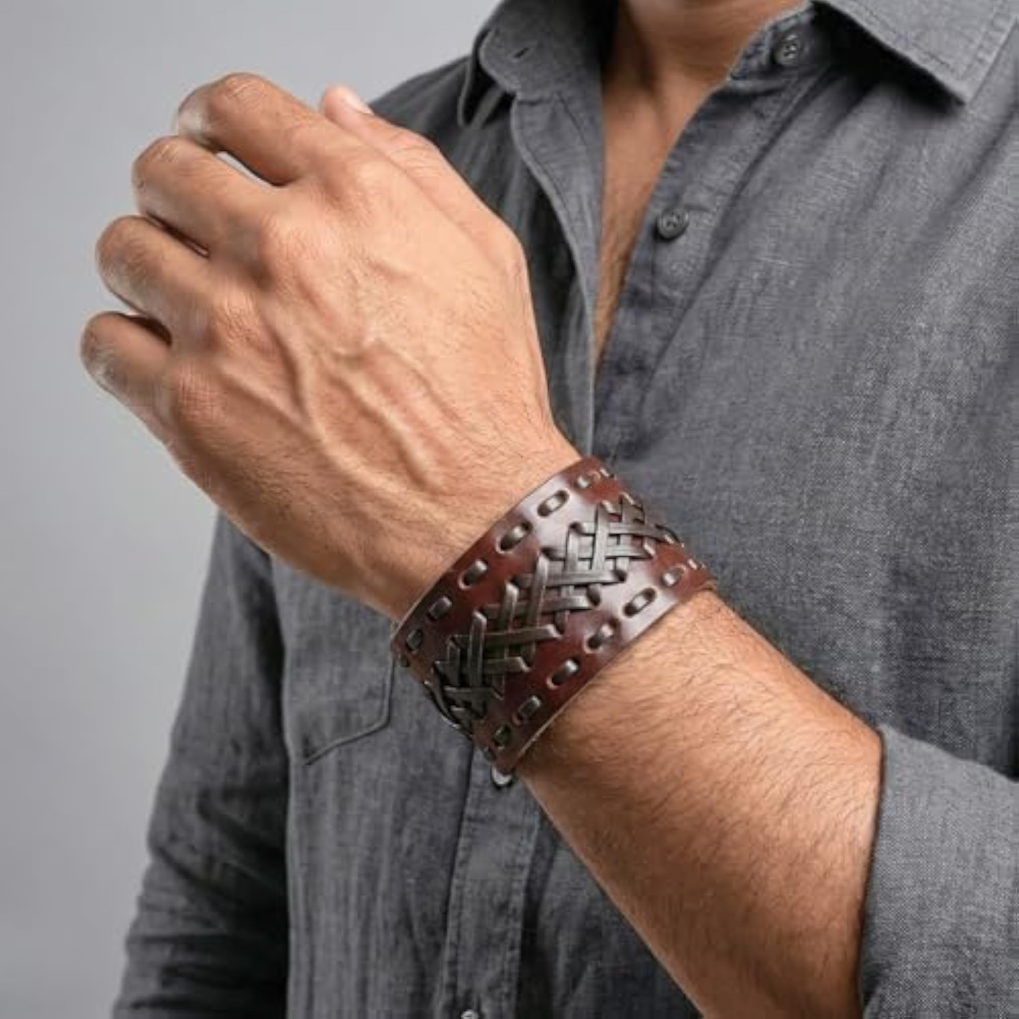 Men's Genuine Braided Leather Bracelet Set, Brown