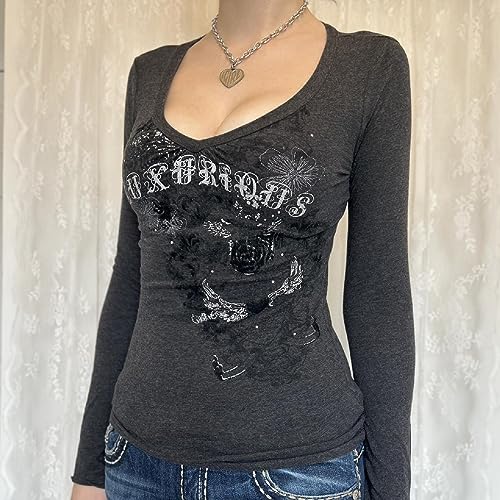 Image of Grunge Clothes for Women Y2K Tops Long Sleeve Fairy Grunge Aesthetic Shirts Teen Girls Vintage Graphic Tees Fall