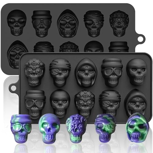 Image of Skull Silicone Molds Halloween 2 Pack 10 Cavity for Chocolate Candy, Freezing Yogurt Wax Melts 3D Tray 5 Head Shapes Food Grade Baking Mould Oven Safe Treat or Trick Kids Homemade DIY Party