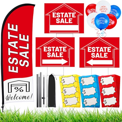 Buryeah Estate Sale Signs Set, 1 Flag with Pole Kit, 3 Double Sided Arrows Signs with Metal H Stakes, 30 Estate Sale Balloons, and 150 Price Stickers(Red)