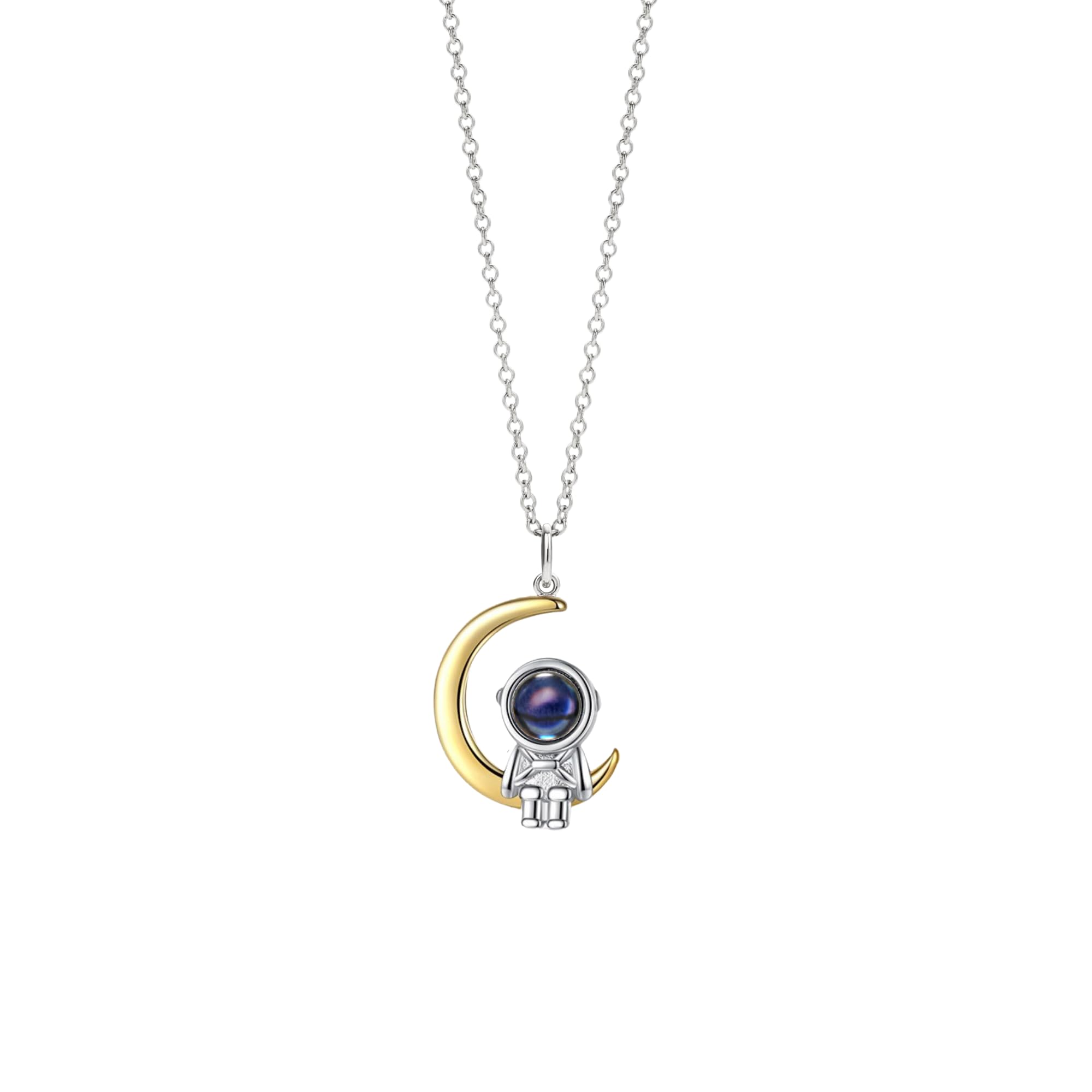 PERIMADE Collar personalizado de proyección de fotos con imagen personalizada de astronauta, estrella, luna, texto personalizado y amor en 100 idiomas, colgante de plata de ley, regalos conmemorativos