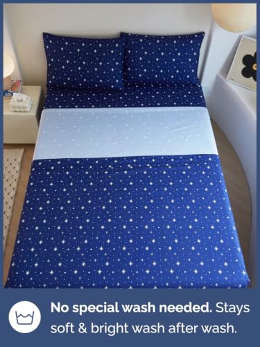 Image of Kids Full Size Starry Bed Sheets - 4 Piece Kids Starry Sheet Set - Celestial Night Bedding - Ultra-Soft, Cute & Cozy - Breathable & Machine Washable - Navy Bed Set for Boys, Girls, Teens & Toddlers