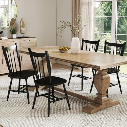 Black Wooden Dining Chairs Set of 4, Windsor Dining Chairs with Spindle High Back & Solid Wood Legs, Farmhouse Vintage Kitchen Chair for Dining Room/Restaurant, Armless