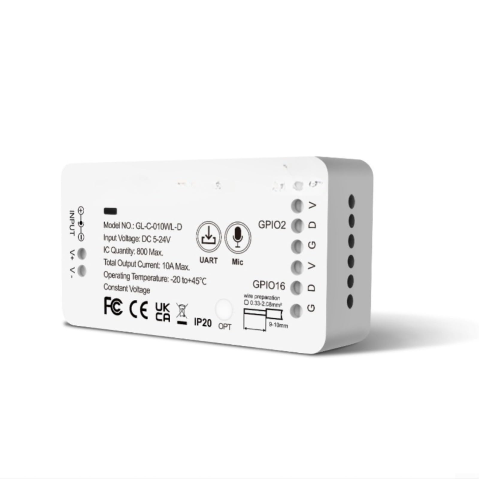 Controller LED WiFi ESP32 con effetti audio reattivi microfono, compatibile con WS2812 WS2811 SK6812 strisce indirizzabili, 5-24 V 10 A, alloggiamento bianco (A)