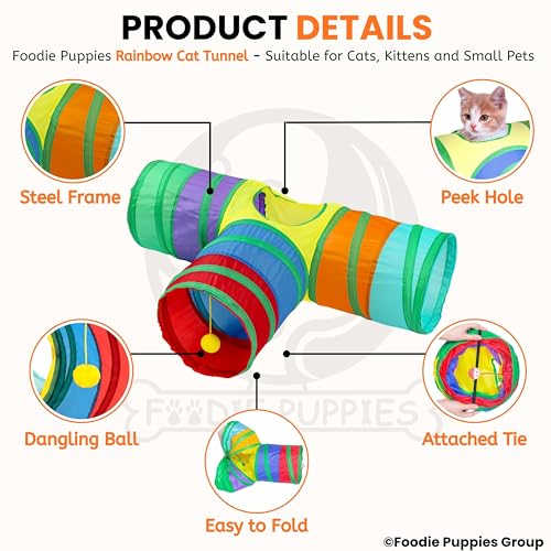 Image of Foodie Puppies 3 Way Rainbow Cat Tunnel Toy - Foldable Interactive Pet Play Tunnel with Hanging Ball for Cats, Kittens, Rabbits, and Guinea Pigs | Indoor /Outdoor Puzzle Exercising Hiding Training Toy
