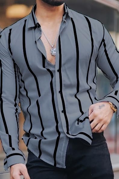 Image of MiraMichi Men's Striped Slim Fit Lycra Shirt | Full Sleeve Stretchable Shirt | Trendy Black and White Vertical Stripes for Casual