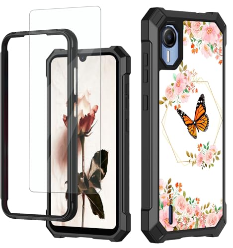 for Cricket Debut S2 Case,At&t Calypso 4 Phone Case with Glass Screen Protector,Heavy Duty Hard PC & Soft TPU Bumper Shockproof Protective Phone Case for Cricket Debut S2-Waterflower Flower Butterfly