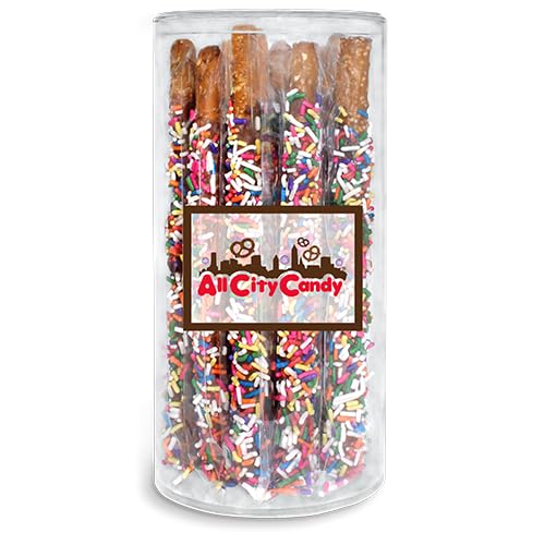 All City Candy Hand-Dipped Milk Chocolate Sprinkled Hand dipped Pretzel Rods – Holiday ready Sweet & Salty Treats, Individually Wrapped,12-Piece Gift Tube, Perfect for Seasonal Celebrations, Birthdays or Gift giving occasions