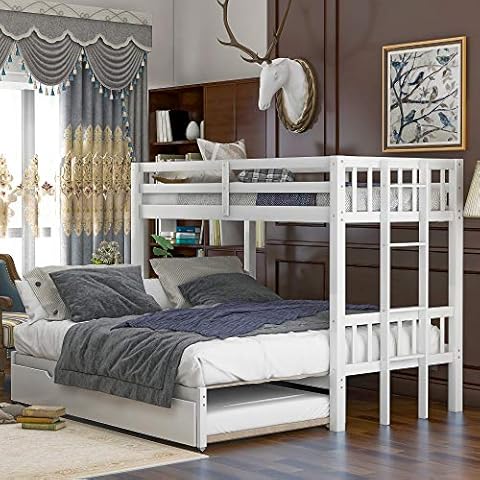 KLMM Twin Over Pull-Out Bunk Bed with Trundle, Wooden Twin Over Twin/Full/Queen/King Accommodate 4 People Extendable Bunk Beds with Ladder and Safety Rail (White) Cover