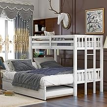Bellemave Twin Over King Bunk Beds with Trundle, Twin Over Pull-Out Wood bunk Bed Accommodate 4 People for Kids, Adult, Extendable Bunk Beds with Ladder and Safety Rail, No Spring Needed, White