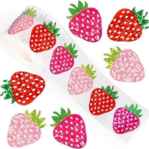 500PCS Holographic Strawberry Stickers Roll 1.5 Inch Cute Glitter Fruit Labels Summer Dessert Stickers for Kids Scrapbooking Journal Party Favors Birthday Gift Craft Supplies