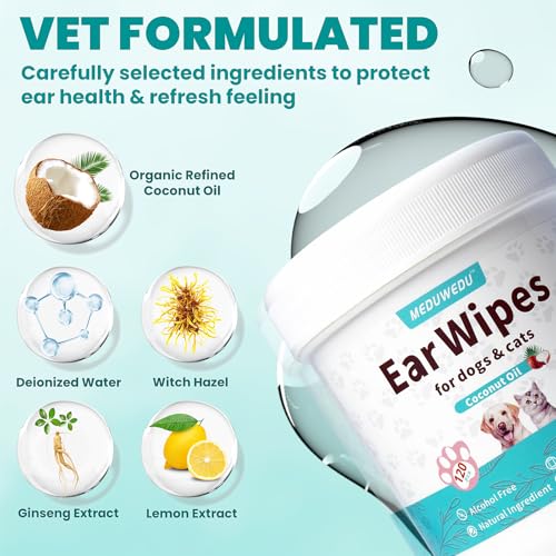 Image of MEDUWEDU Ear Cleaner Wipes 120 Counts, Dog Ear Cleaner, Grooming Kit Care for Dogs and Cats, Soft & Easy Otic Cleaning Pads, Remove Wax, Dirt & Stop Smelly, Itchy, Non-Irritating, Coconut Scent