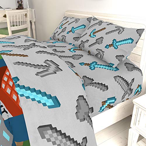Image of Minecraft Creeper Full Comforter Set 5 Piece Kids Bedding for Boys, Blue | Zombie Steve, Bed in a Bag, Comforter Sheets Pillowcases, Official Product, Soft Microfiber, Machine Washable, Boys Gift