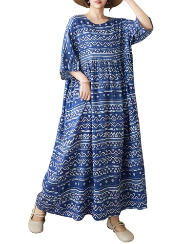 Image of Women Plus Size Dresses Summer Vintage Print O Neck Oversized Boho Vacation Casual Robe with Side Pockets
