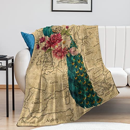 Couverture vintage paon à fleurs et feuilles vertes lit plaid