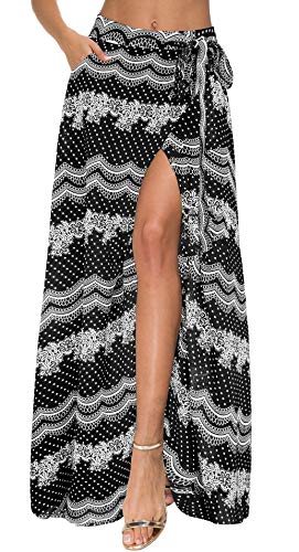 Afibi Womens Flowy Chiffon Summer Beach Wrap Split Maxi Skirts with Pockets (Small, Black)