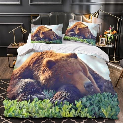Housse de couette ours endormi hypoallergique et résistante en microfibre effet 3D faune - 2