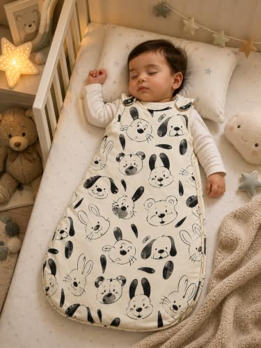 Image of TuddyBuddy Baby Cotton Wearable Quilted Sleeping Bag Blanket 1.5 Tog with 1 Way Zipper Closure | Ideal for Babies & Kids Hypoallergenic Fabrics | (Black Graphic Cartoons - Black & Beige, 2-3 Years)